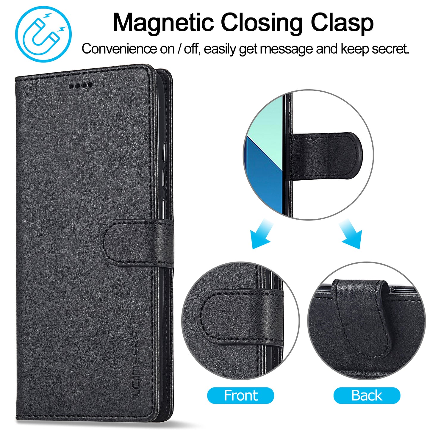 LC.IMEEKE For Xiaomi Redmi Note 13 4G Wallet Case Calf Texture Leather Folio Phone Cover - Black