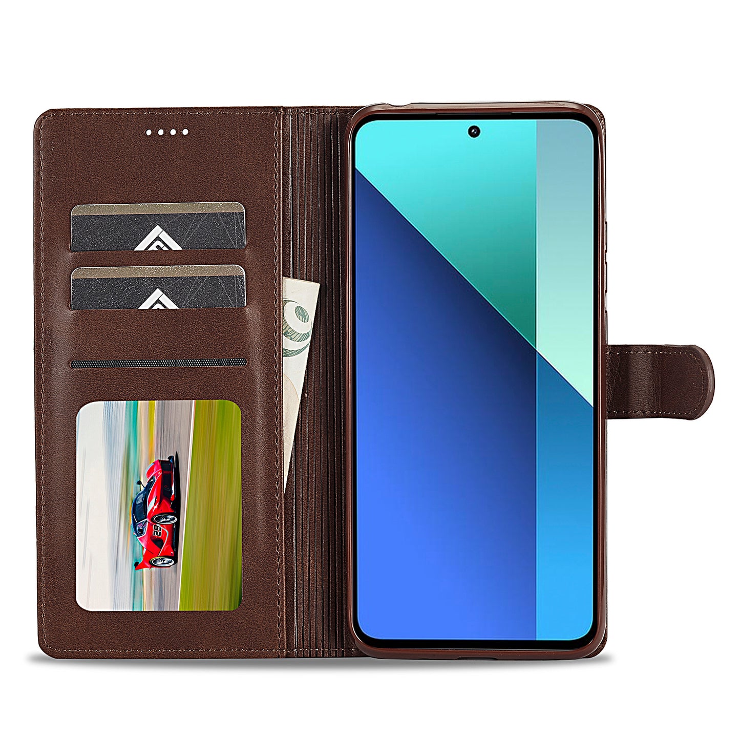 LC.IMEEKE For Xiaomi Redmi Note 13 4G Wallet Case Calf Texture Leather Folio Phone Cover - Brown