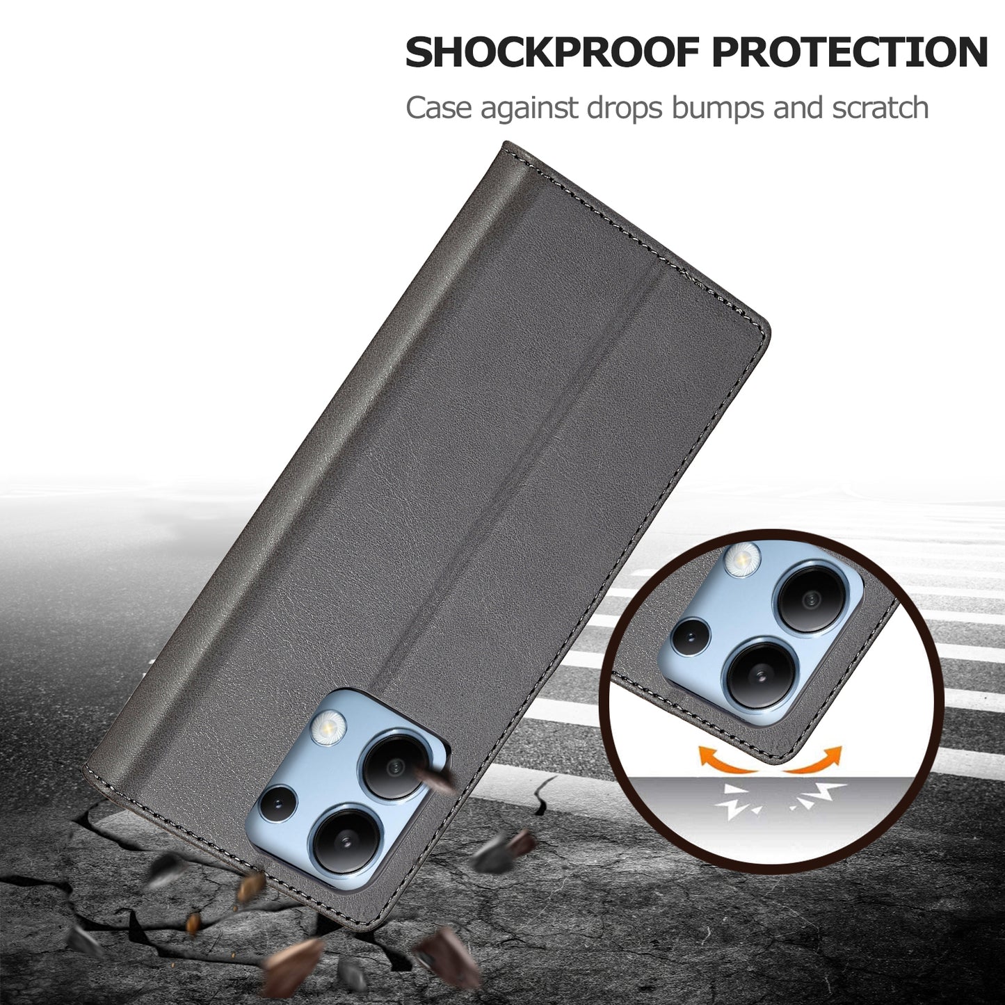 LC.IMEEKE For Xiaomi Redmi Note 13 4G Wallet Case Calf Texture Leather Folio Phone Cover - Grey