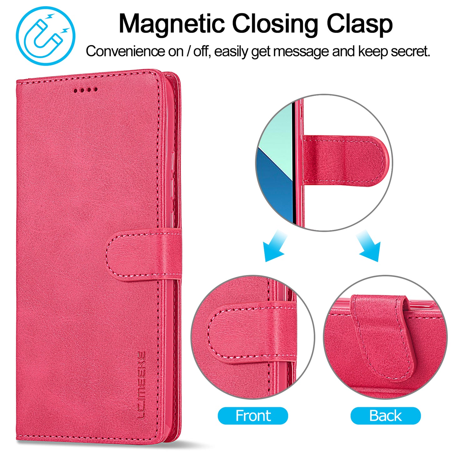 LC.IMEEKE For Xiaomi Redmi Note 13 4G Wallet Case Calf Texture Leather Folio Phone Cover - Rose