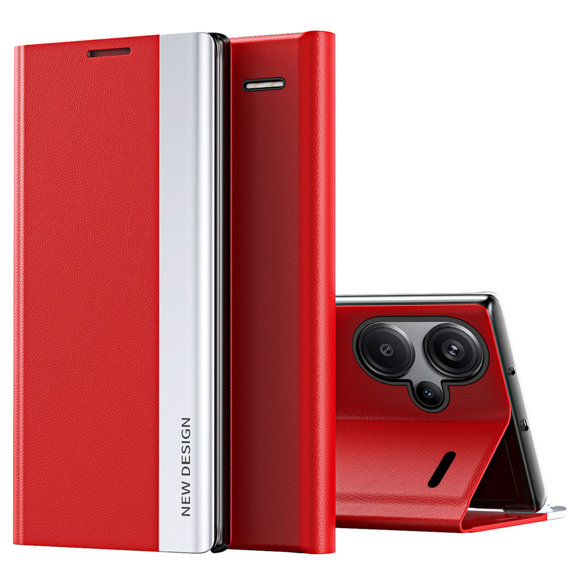 For Xiaomi Redmi Note 13 Pro+ 5G Cell Phone Case Anti-fall PC Shell PU Leather Cover - Red