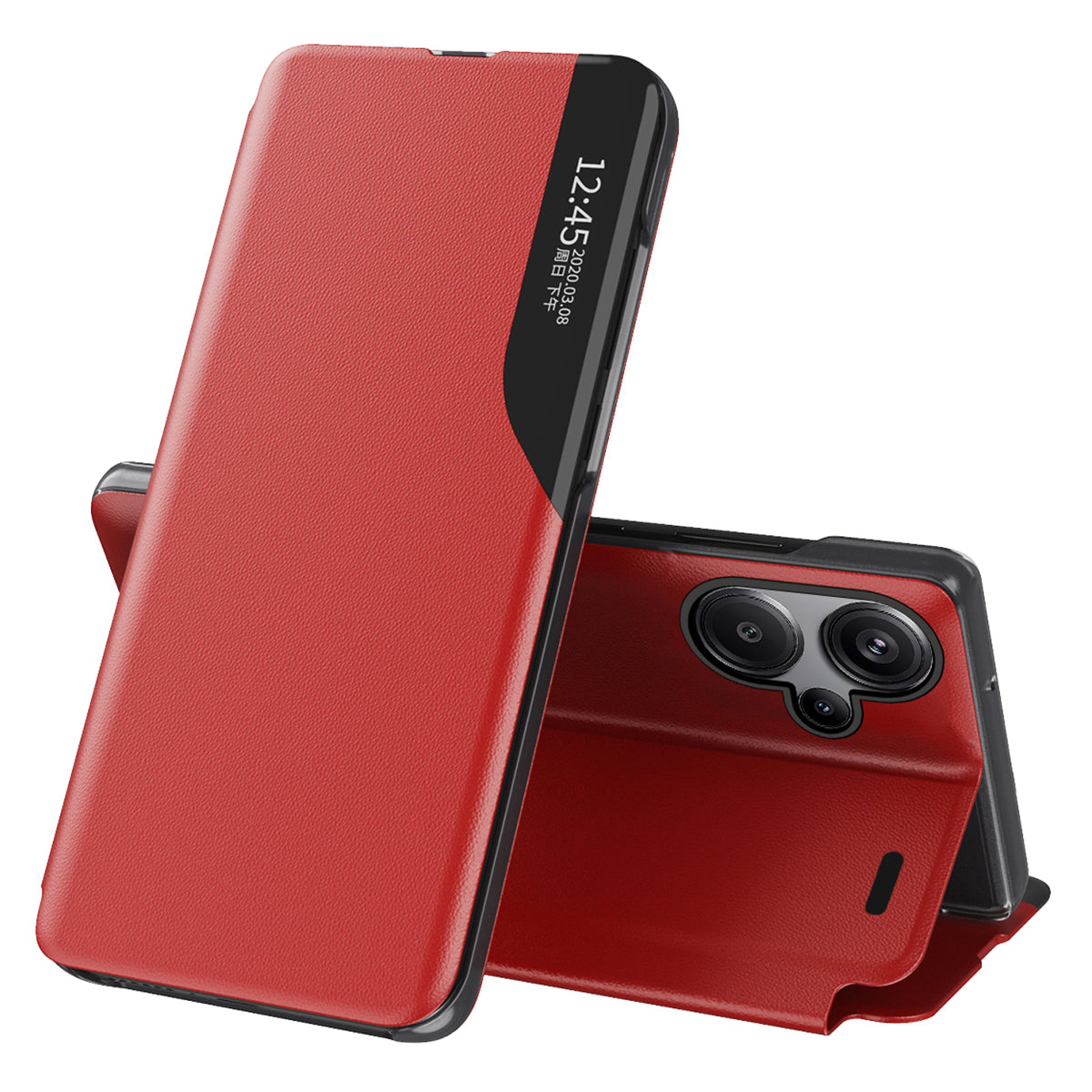 For Xiaomi Redmi Note 13 Pro+ 5G Case View Window Leather Phone Cover with Foldable Stand - Red