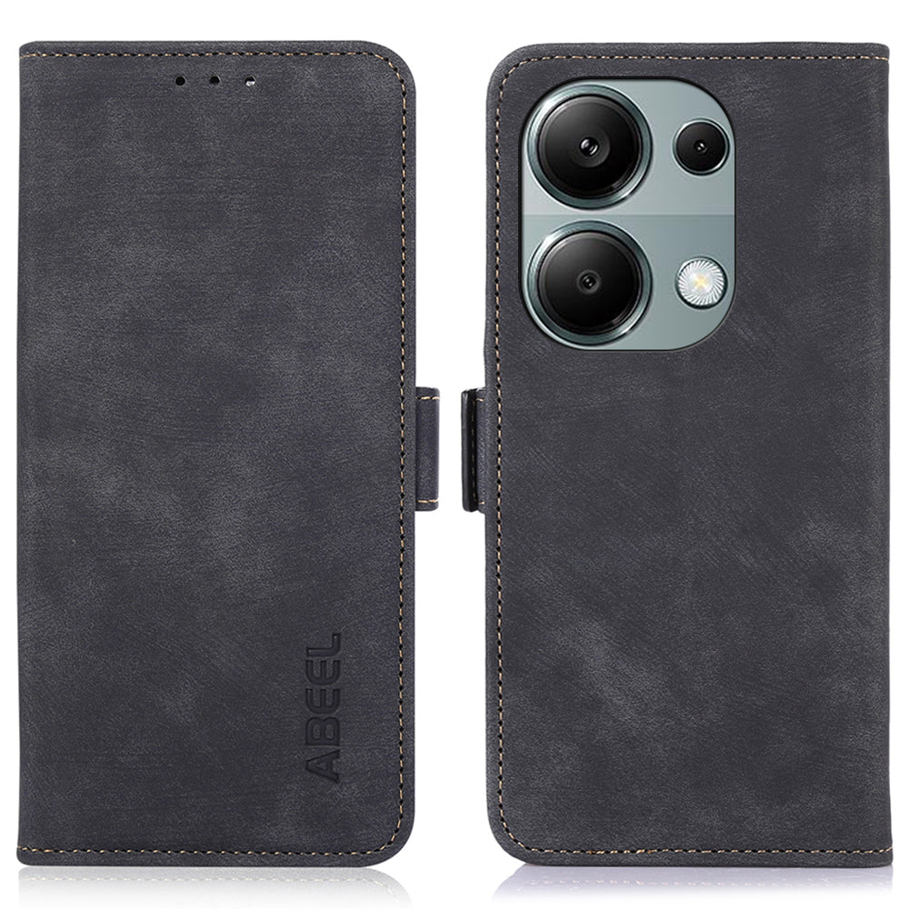 ABEEL For Xiaomi Redmi Note 13 4G Case Retro Texture Leather Cell Phone Cover with Wallet - Black
