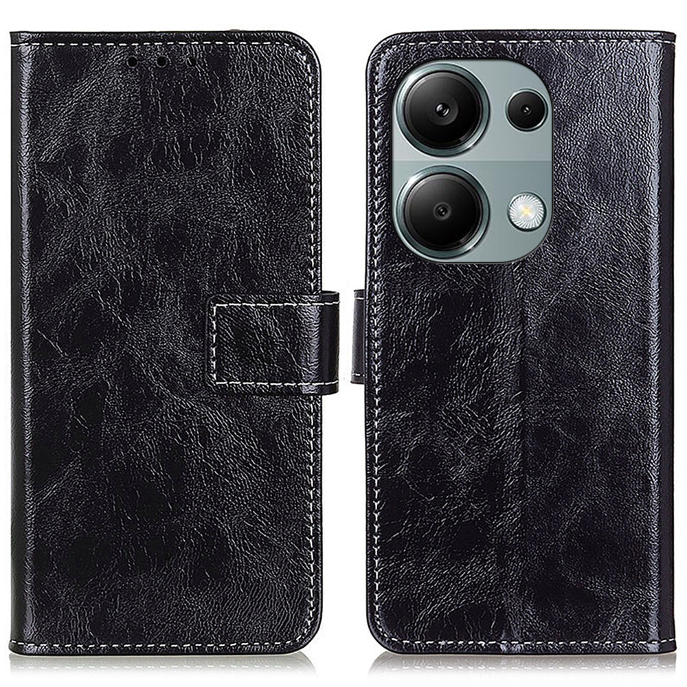 For Xiaomi Redmi Note 13 4G Case Retro PU Leather Wallet Stand Drop Resistant Phone Cover - Black