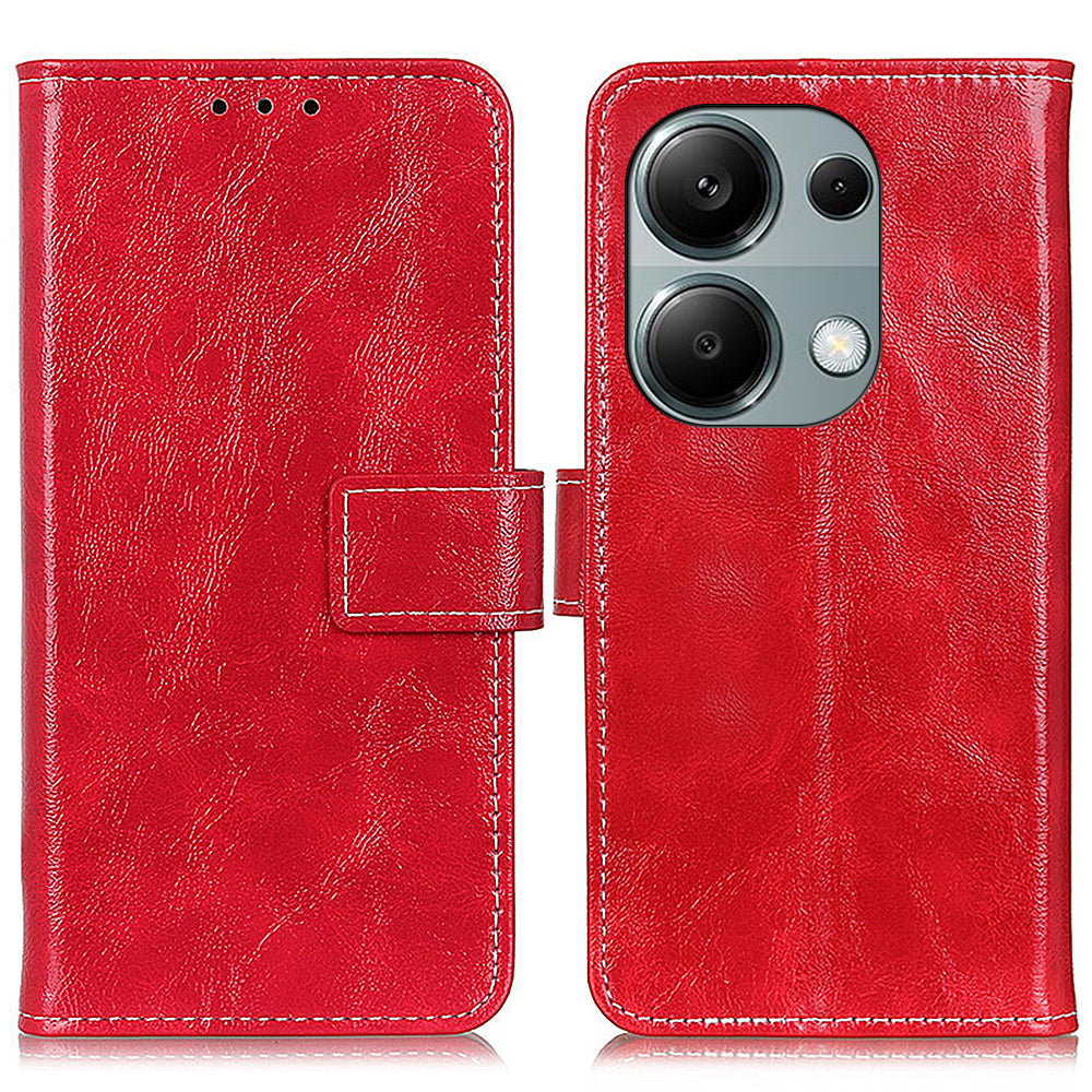 For Xiaomi Redmi Note 13 4G Case Retro PU Leather Wallet Stand Drop Resistant Phone Cover - Red