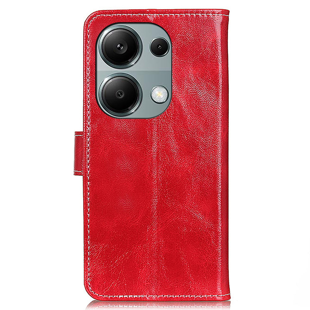 For Xiaomi Redmi Note 13 4G Case Retro PU Leather Wallet Stand Drop Resistant Phone Cover - Red