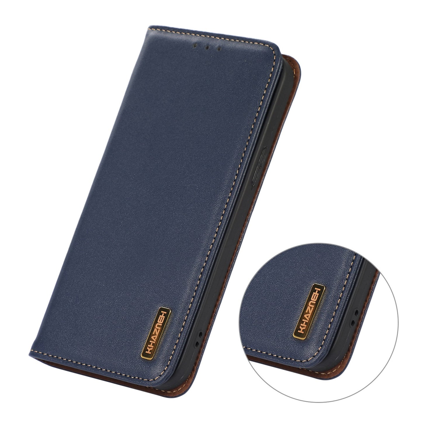 KHAZNEH For Xiaomi Redmi Note 13 Pro 4G / Poco M6 Pro 4G Phone Case Nappa Texture Genuine Cow Leather Cover - Blue