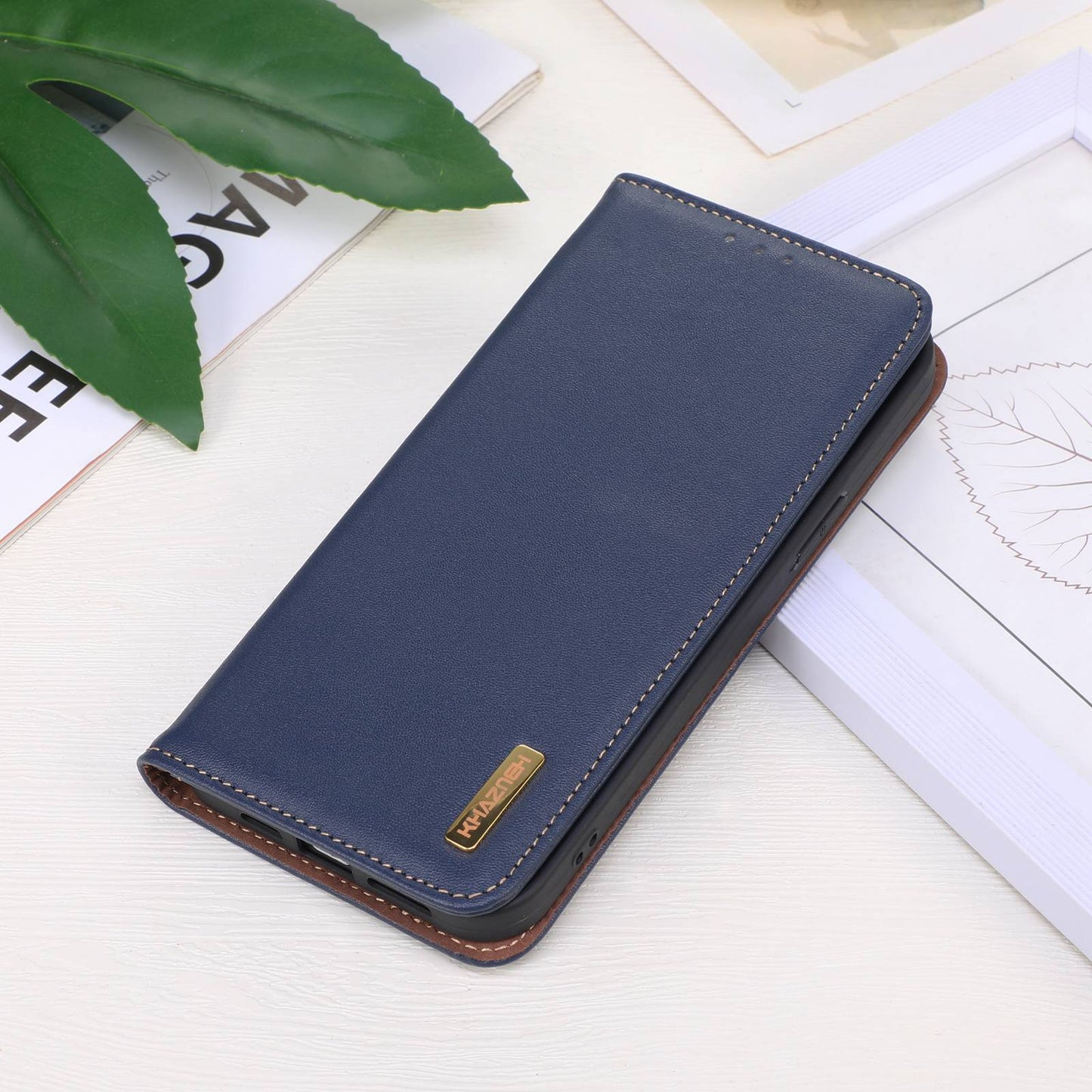 KHAZNEH For Xiaomi Redmi Note 13 Pro 4G / Poco M6 Pro 4G Phone Case Nappa Texture Genuine Cow Leather Cover - Blue