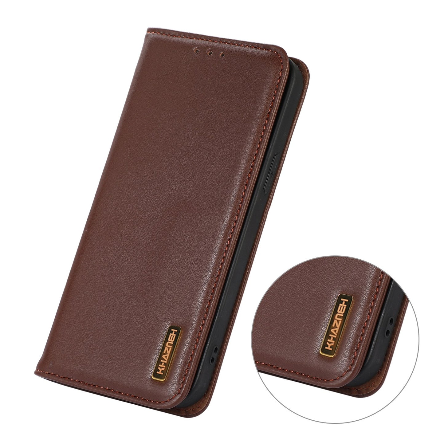 KHAZNEH For Xiaomi Redmi Note 13 Pro 4G / Poco M6 Pro 4G Phone Case Nappa Texture Genuine Cow Leather Cover - Brown