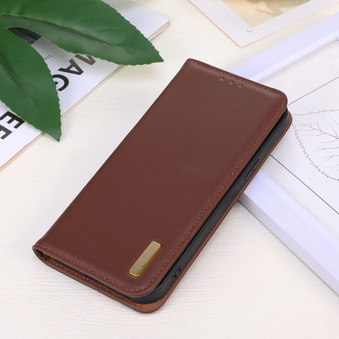 KHAZNEH For Xiaomi Redmi Note 13 Pro 4G / Poco M6 Pro 4G Phone Case Nappa Texture Genuine Cow Leather Cover - Brown