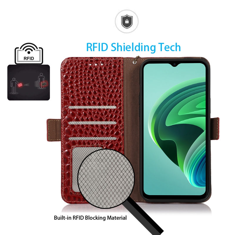 For Xiaomi Redmi Note 13 Pro 4G / Poco M6 Pro 4G Genuine Cow Leather Case RFID Blocking Phone Cover - Red