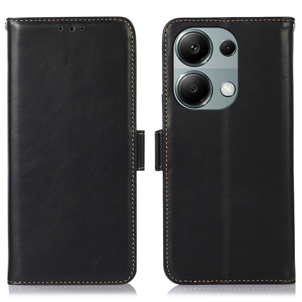 For Xiaomi Redmi Note 13 Pro 4G / Poco M6 Pro 4G Cover Genuine Cow Leather RFID Blocking Wallet Phone Case - Black