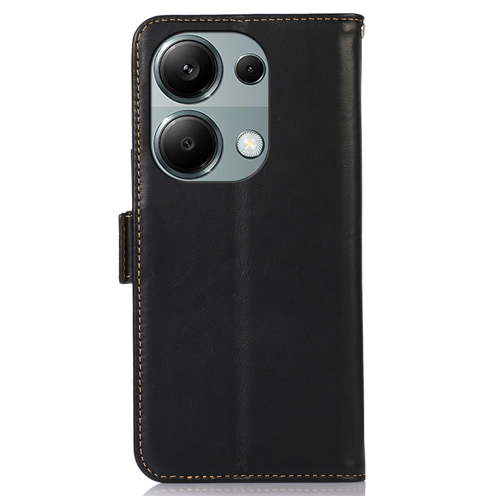 For Xiaomi Redmi Note 13 Pro 4G / Poco M6 Pro 4G Cover Genuine Cow Leather RFID Blocking Wallet Phone Case - Black