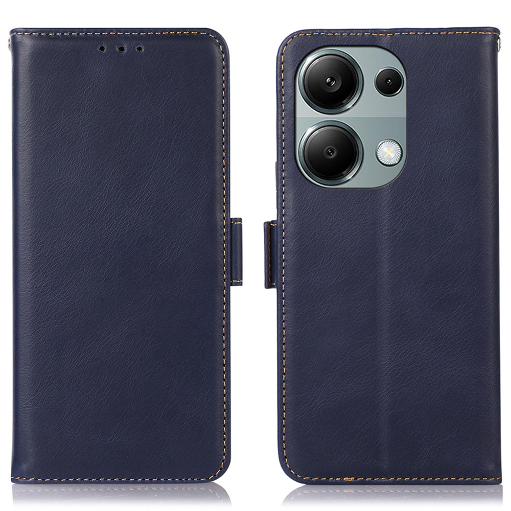 For Xiaomi Redmi Note 13 Pro 4G / Poco M6 Pro 4G Cover Genuine Cow Leather RFID Blocking Wallet Phone Case - Blue
