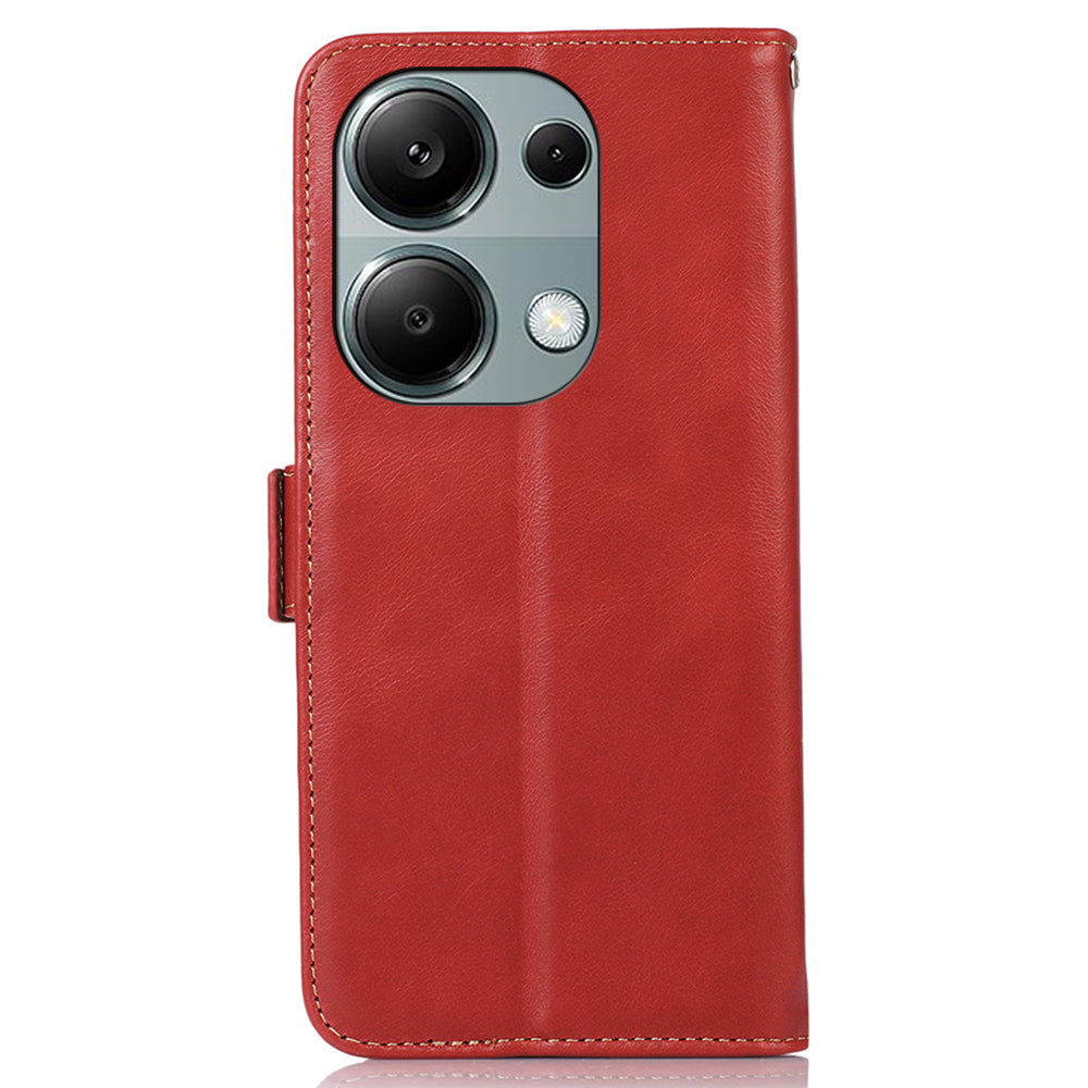For Xiaomi Redmi Note 13 Pro 4G / Poco M6 Pro 4G Cover Genuine Cow Leather RFID Blocking Wallet Phone Case - Red