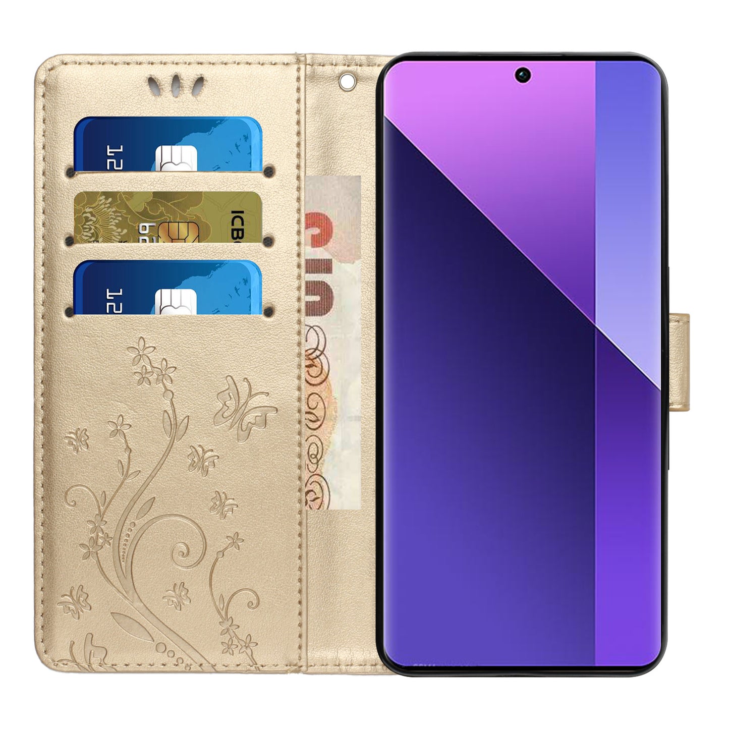 For Xiaomi Redmi Note 13 Pro+ 5G Leather Case Wallet Butterfly Imprinted Phone Cover - Gold