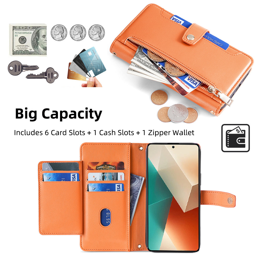For Xiaomi Redmi Note 13 5G Crossbody Phone Case Zipper Pocket PU Leather Cover - Orange