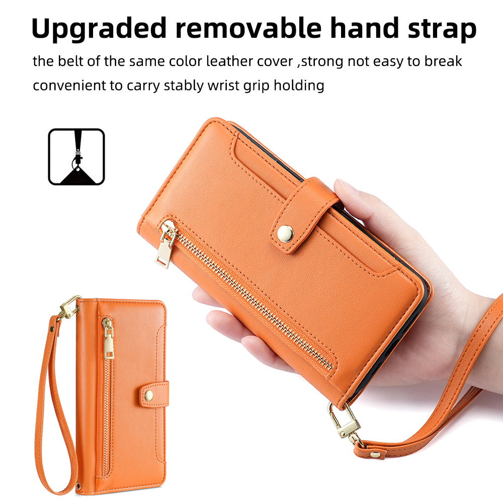 For Xiaomi Redmi Note 13 5G Crossbody Phone Case Zipper Pocket PU Leather Cover - Orange