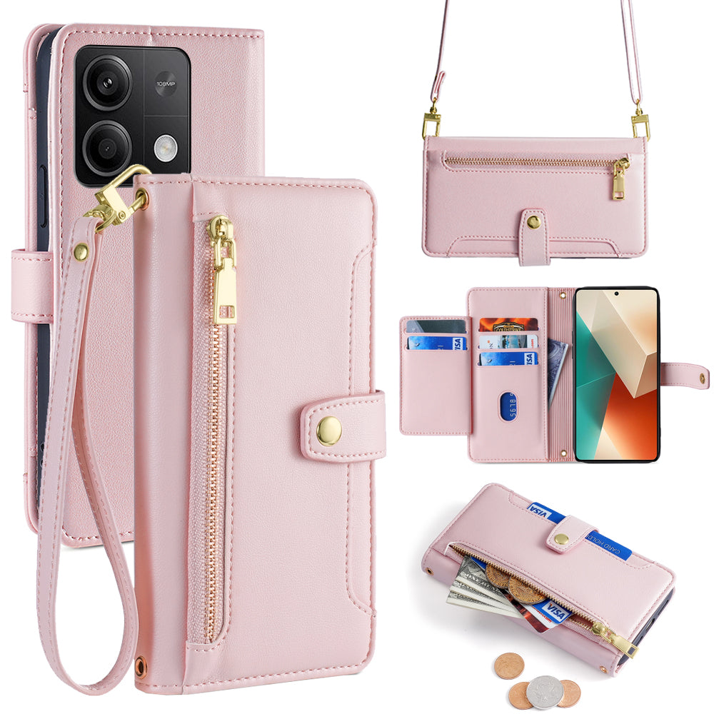 For Xiaomi Redmi Note 13 5G Crossbody Phone Case Zipper Pocket PU Leather Cover - Pink