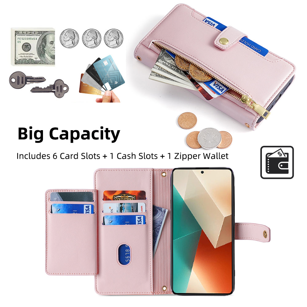 For Xiaomi Redmi Note 13 5G Crossbody Phone Case Zipper Pocket PU Leather Cover - Pink