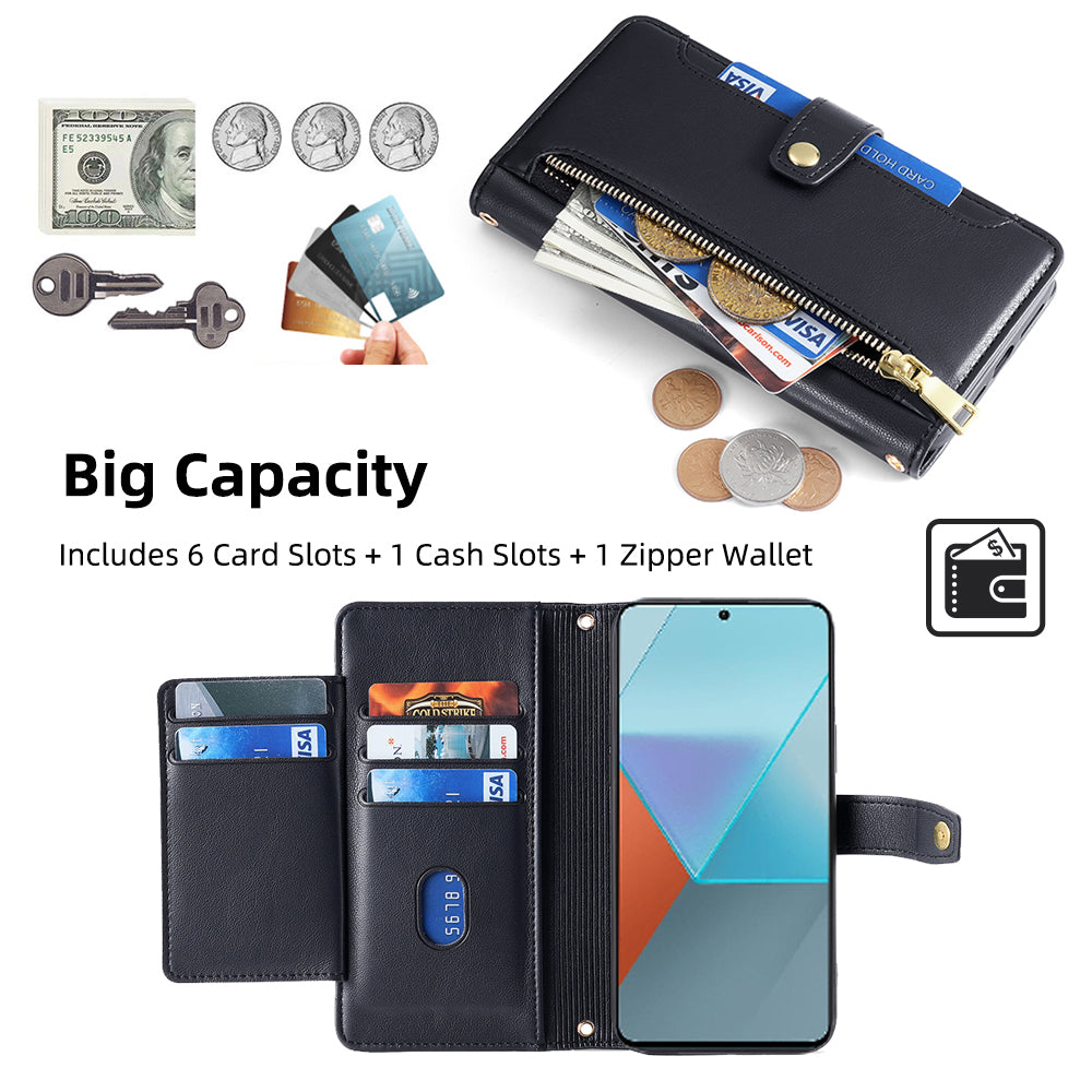 For Xiaomi Redmi Note 13 Pro 5G / Poco X6 5G Leather Case Phone Wallet Cover Zipper Pocket - Black
