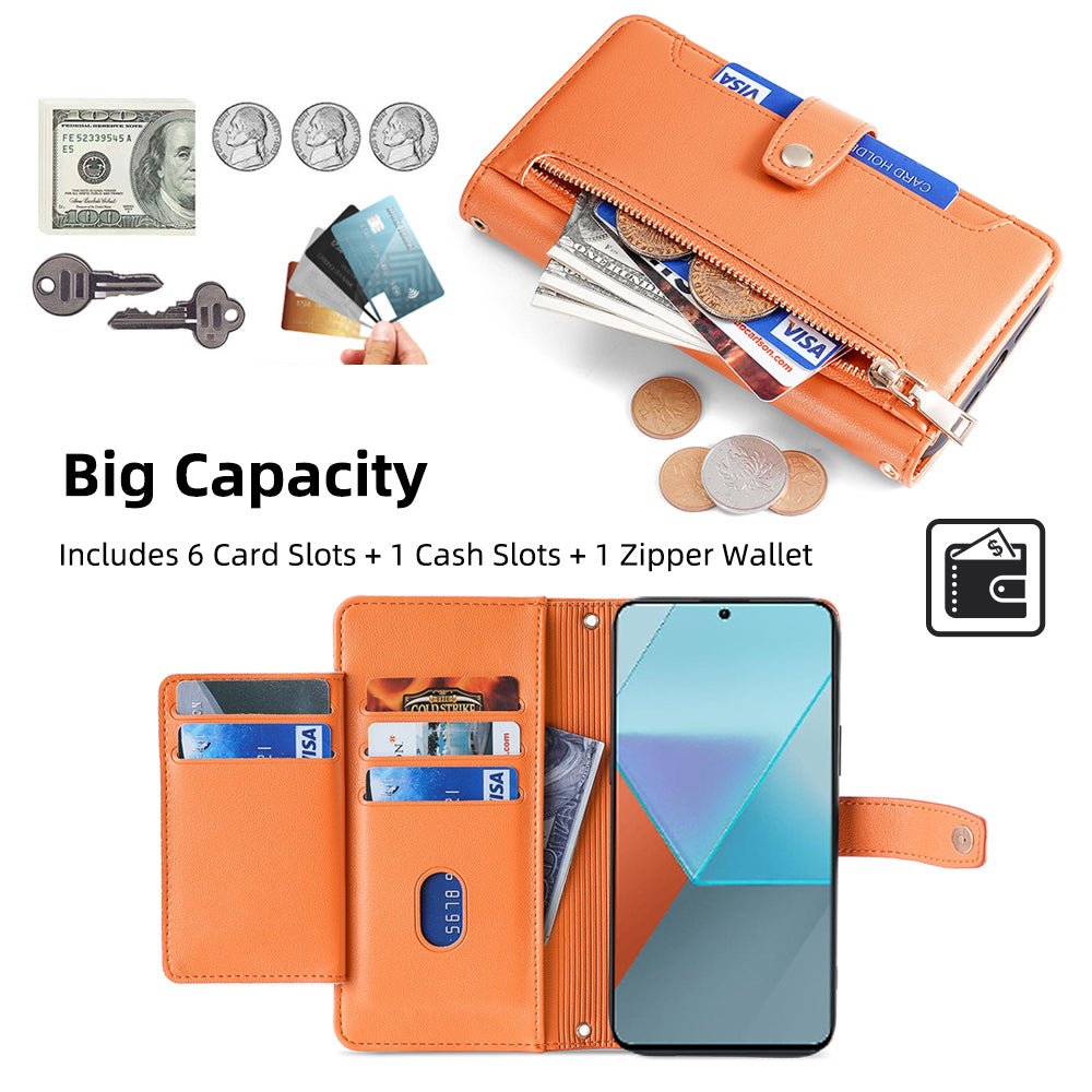For Xiaomi Redmi Note 13 Pro 5G / Poco X6 5G Leather Case Phone Wallet Cover Zipper Pocket - Orange