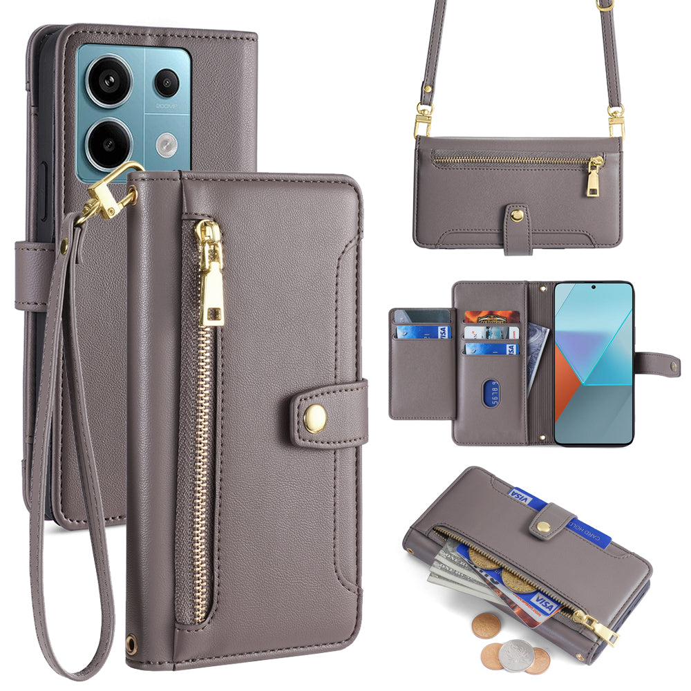 For Xiaomi Redmi Note 13 Pro 5G / Poco X6 5G Leather Case Phone Wallet Cover Zipper Pocket - Grey