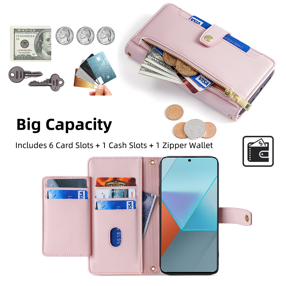 For Xiaomi Redmi Note 13 Pro 5G / Poco X6 5G Leather Case Phone Wallet Cover Zipper Pocket - Pink
