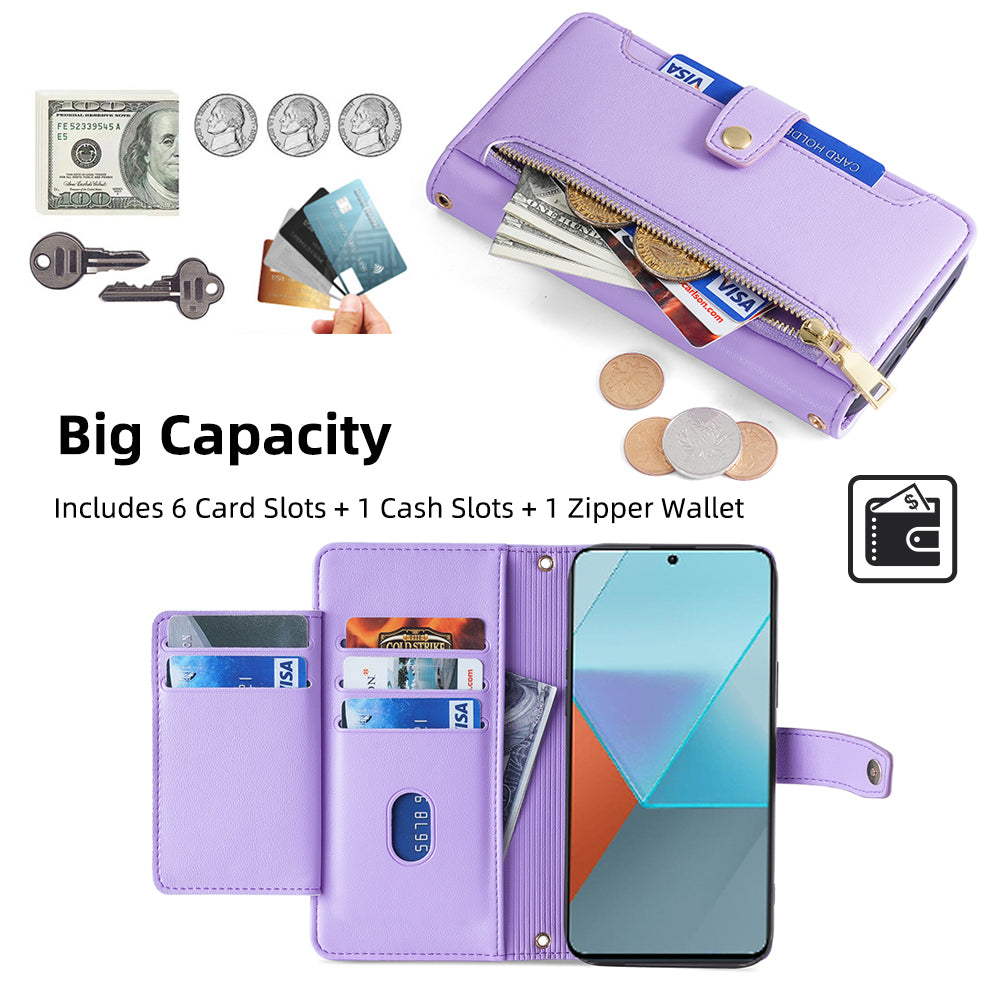 For Xiaomi Redmi Note 13 Pro 5G / Poco X6 5G Leather Case Phone Wallet Cover Zipper Pocket - Purple