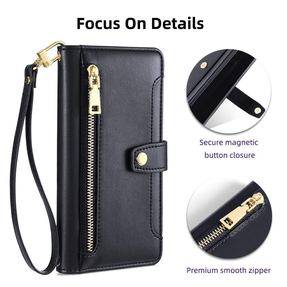 For Xiaomi Redmi Note 13 Pro+ 5G Leather Case Zipper Phone Cover with 2 Straps - Black