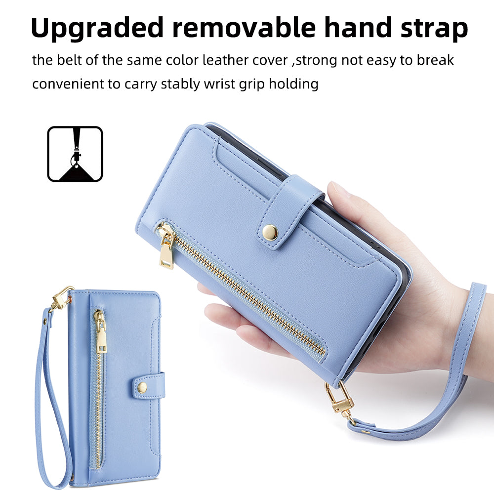 For Xiaomi Redmi Note 13 Pro+ 5G Leather Case Zipper Phone Cover with 2 Straps - Blue