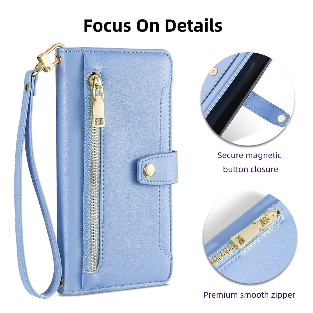 For Xiaomi Redmi Note 13 Pro+ 5G Leather Case Zipper Phone Cover with 2 Straps - Blue