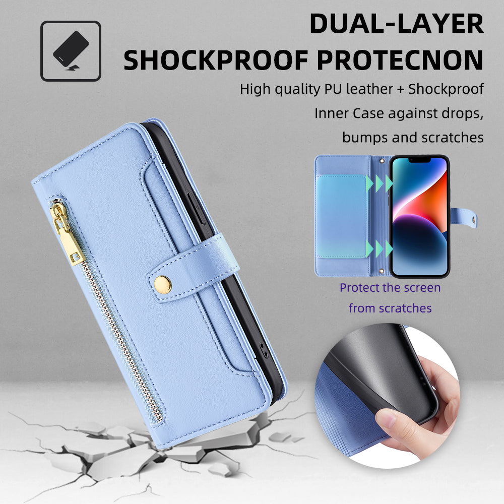For Xiaomi Redmi Note 13 Pro+ 5G Leather Case Zipper Phone Cover with 2 Straps - Blue