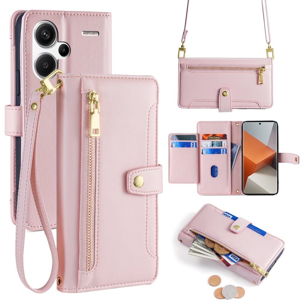 For Xiaomi Redmi Note 13 Pro+ 5G Leather Case Zipper Phone Cover with 2 Straps - Pink