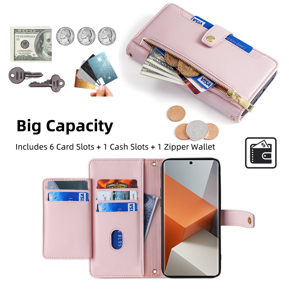 For Xiaomi Redmi Note 13 Pro+ 5G Leather Case Zipper Phone Cover with 2 Straps - Pink