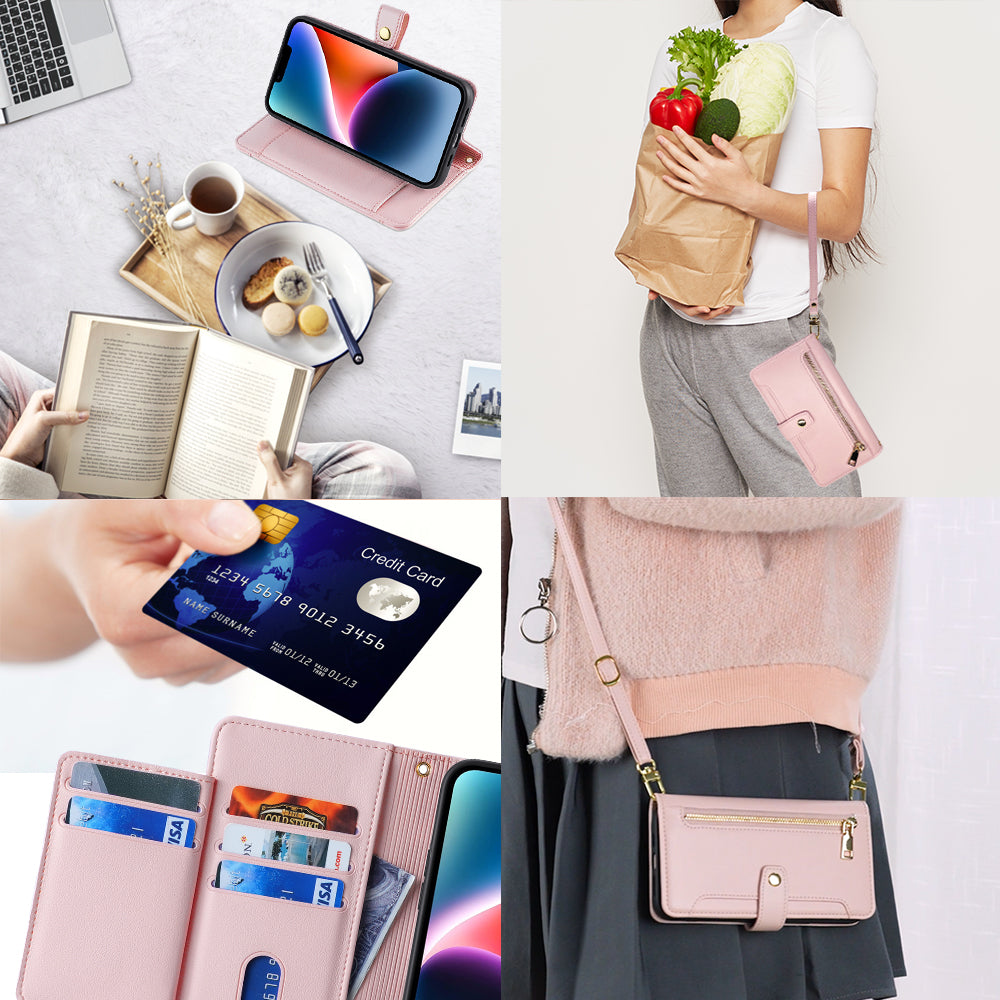 For Xiaomi Redmi Note 13 Pro+ 5G Leather Case Zipper Phone Cover with 2 Straps - Pink