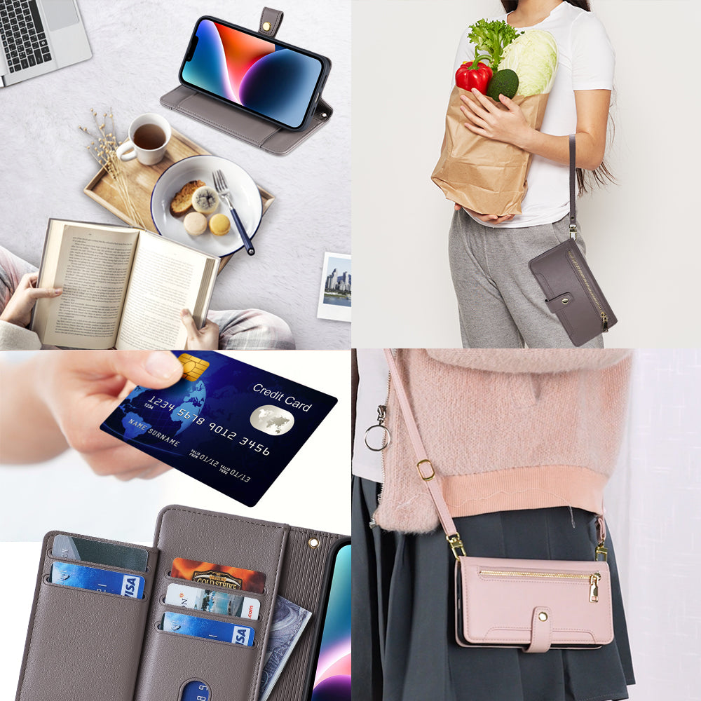 For Xiaomi Redmi Note 13 Pro+ 5G Leather Case Zipper Phone Cover with 2 Straps - Grey