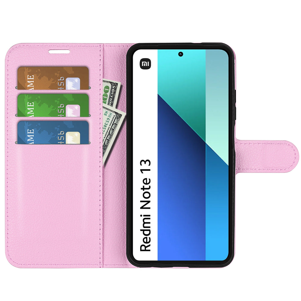 For Xiaomi Redmi Note 13 4G Phone Case Wallet Litchi Texture Leather Flip Cover - Pink