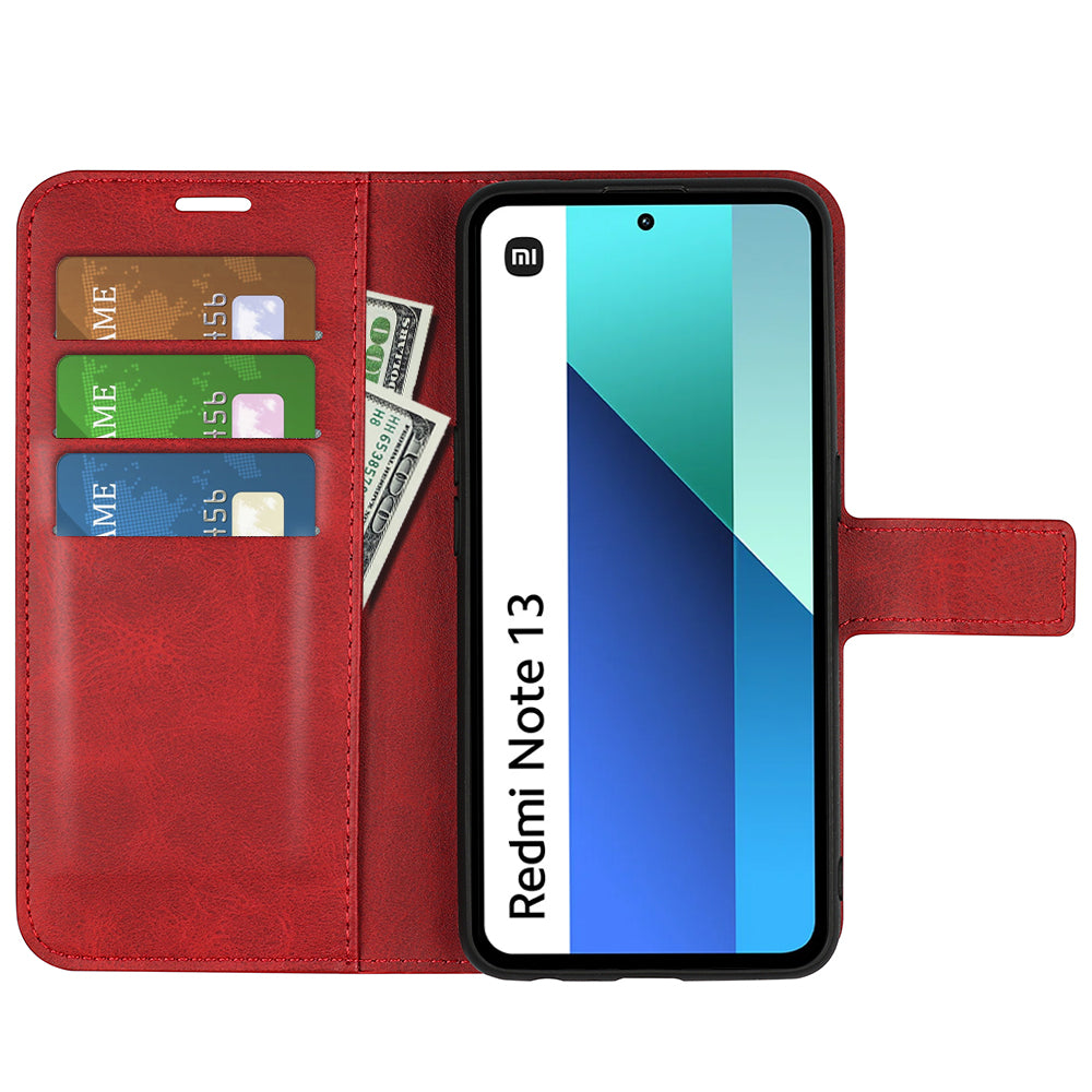 For Xiaomi Redmi Note 13 4G Leather Wallet Case Flip Phone Cover Magnetic Clasp - Red