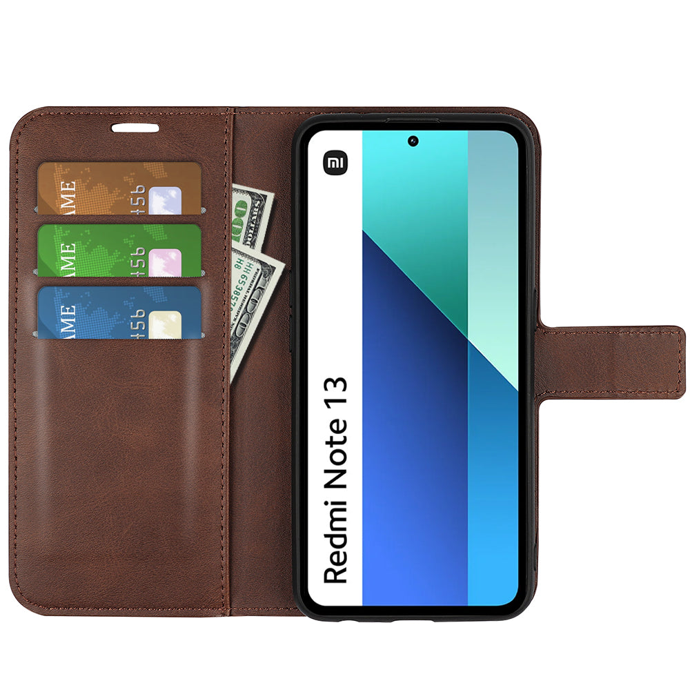 For Xiaomi Redmi Note 13 4G Leather Wallet Case Flip Phone Cover Magnetic Clasp - Brown