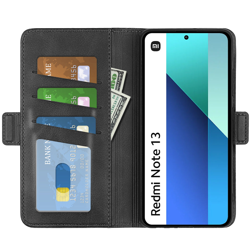 For Xiaomi Redmi Note 13 4G Cell Phone Case Dual Magnetic Clasp Leather Protective Cover - Black