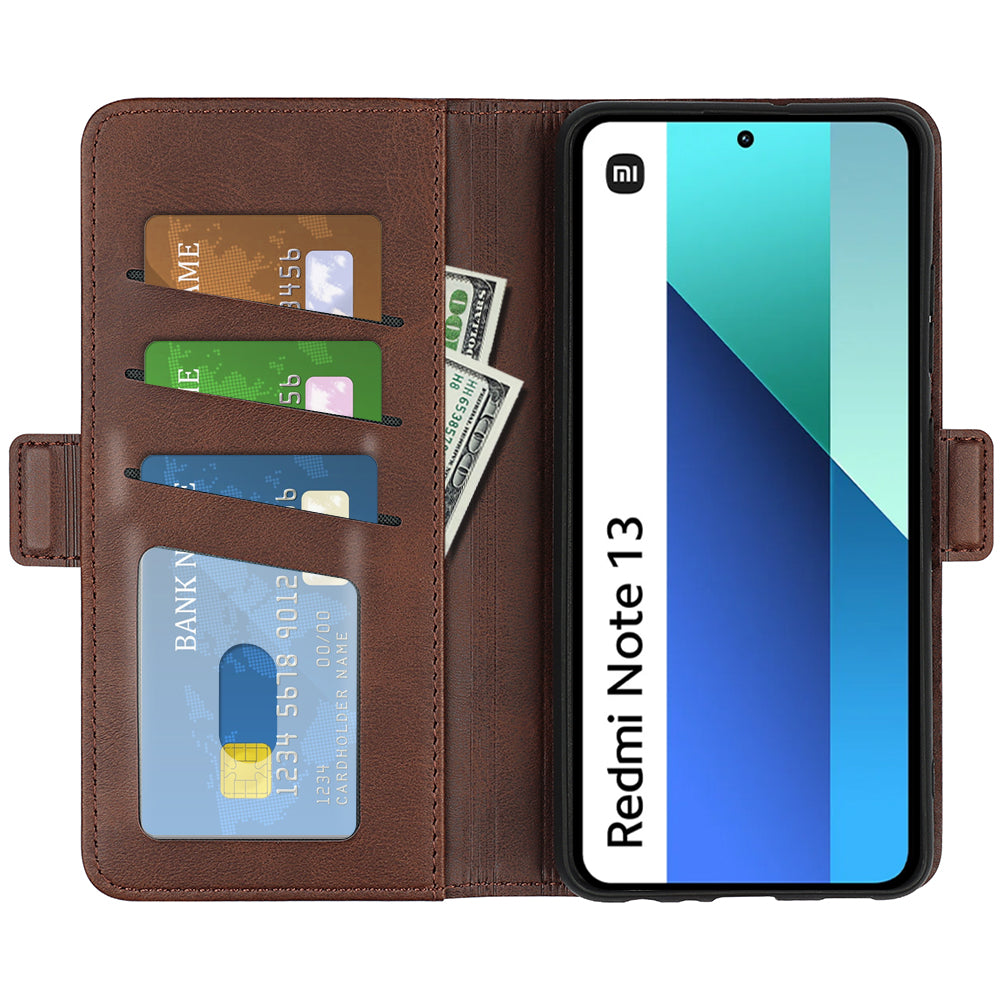 For Xiaomi Redmi Note 13 4G Cell Phone Case Dual Magnetic Clasp Leather Protective Cover - Brown