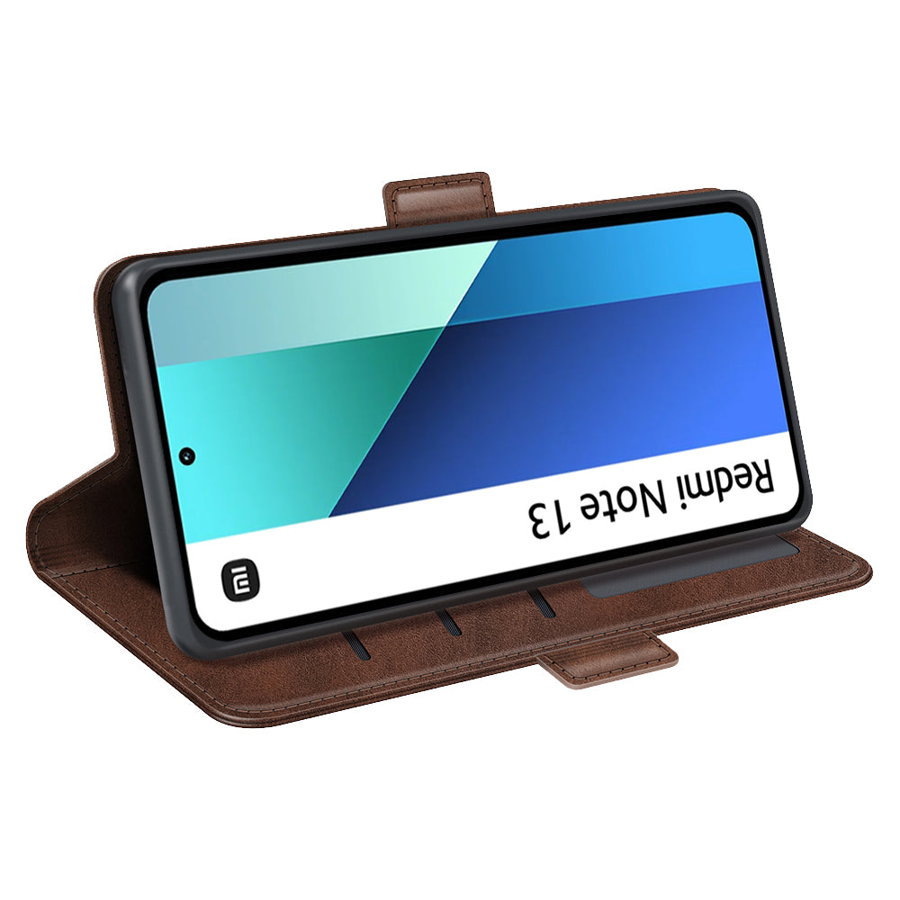 For Xiaomi Redmi Note 13 4G Cell Phone Case Dual Magnetic Clasp Leather Protective Cover - Brown