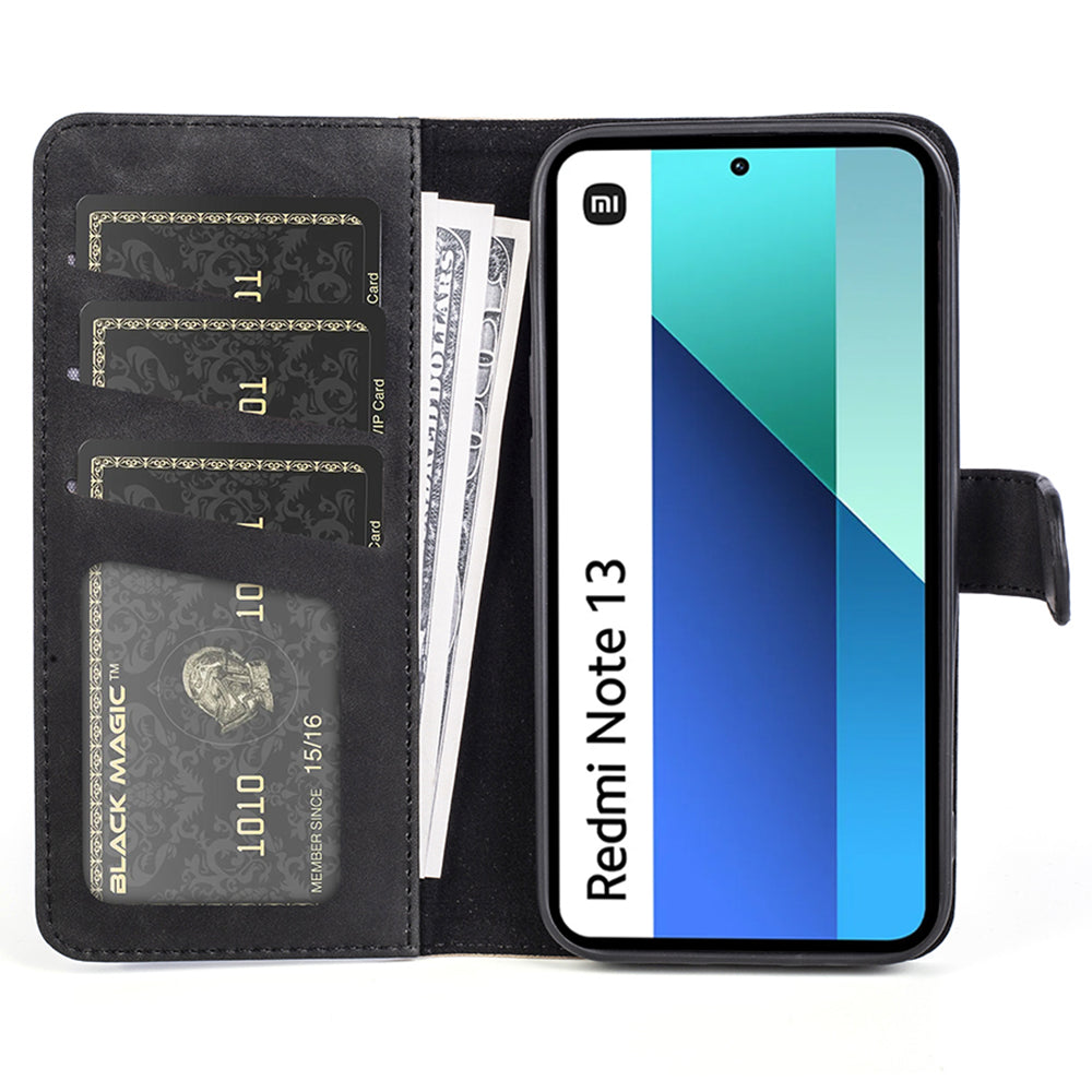 For Xiaomi Redmi Note 13 4G Case Leather Wallet Phone Cover Color Splicing - Black