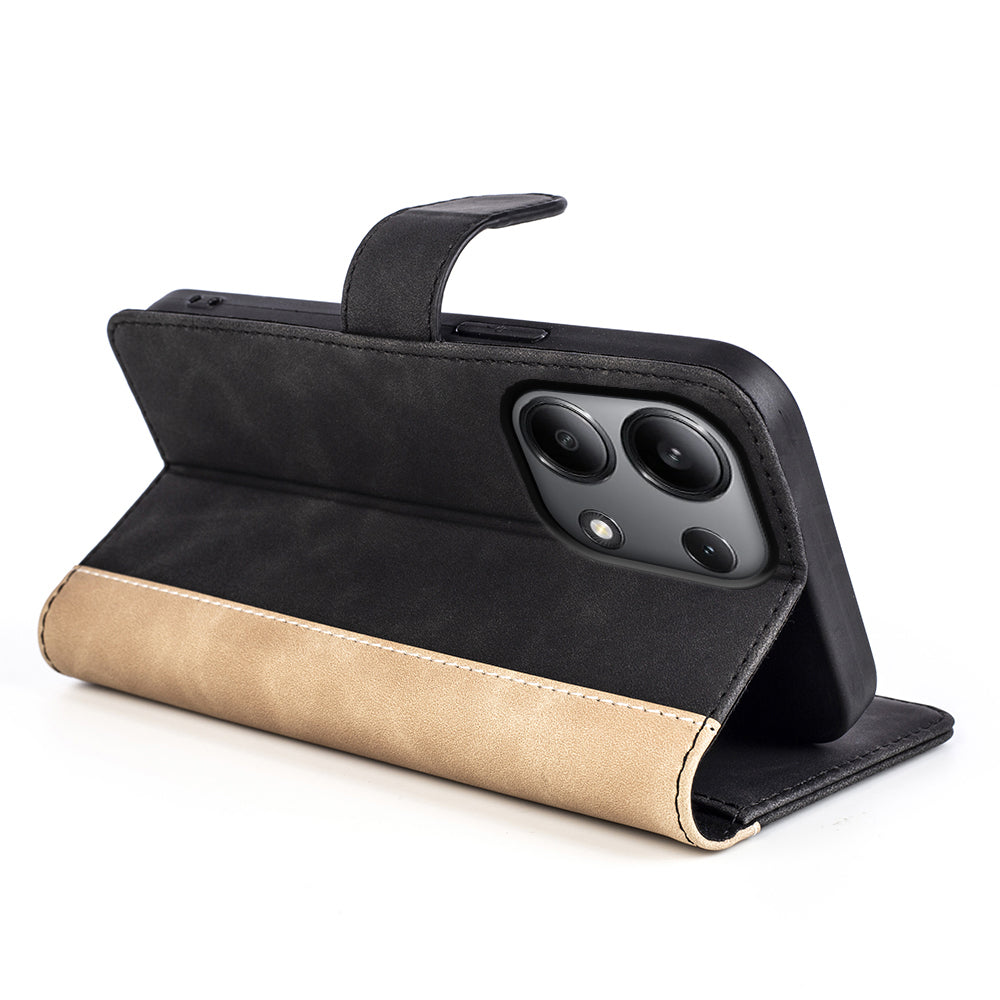 For Xiaomi Redmi Note 13 4G Case Leather Wallet Phone Cover Color Splicing - Black