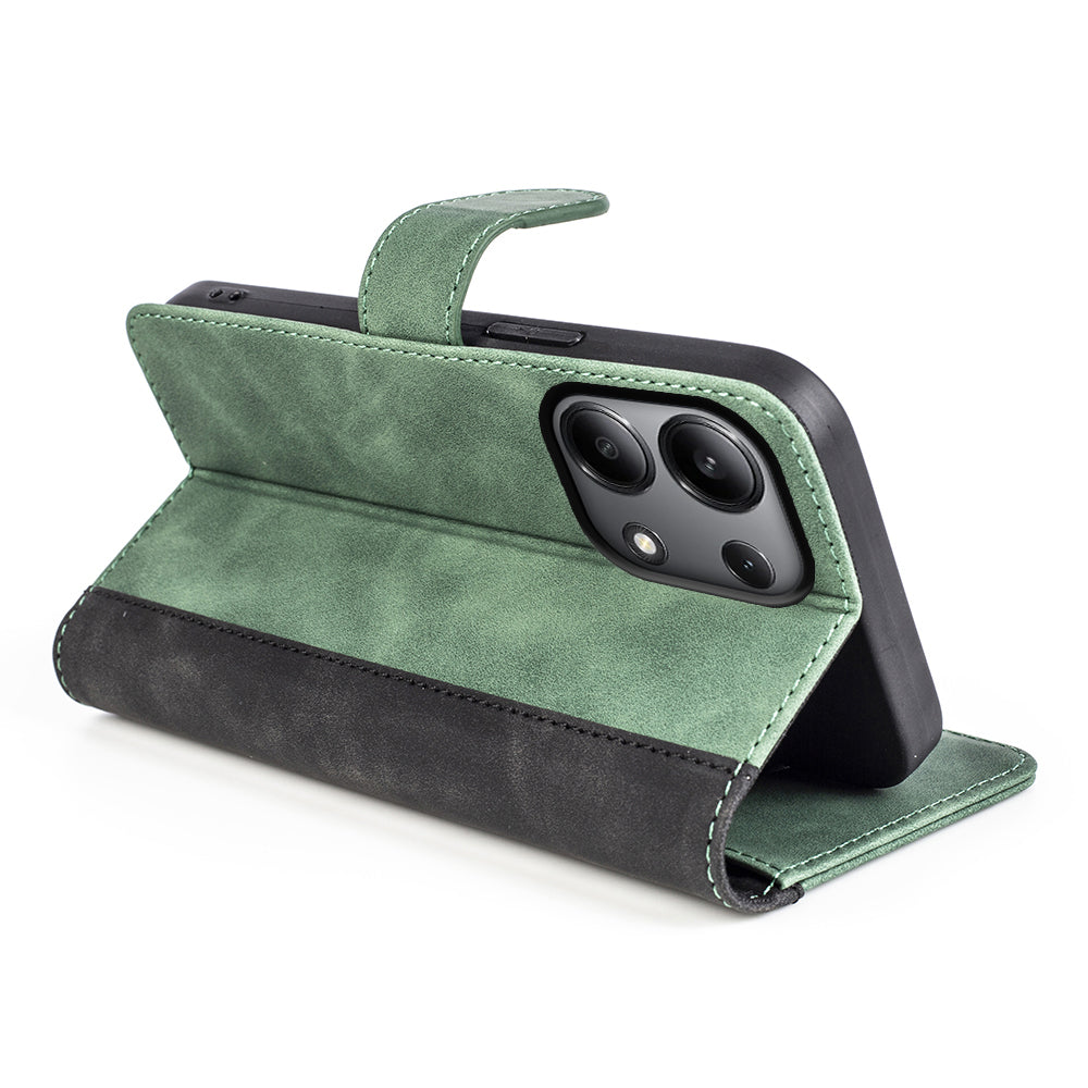 For Xiaomi Redmi Note 13 4G Case Leather Wallet Phone Cover Color Splicing - Green