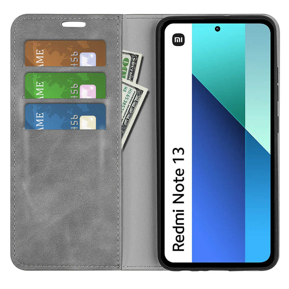 For Xiaomi Redmi Note 13 4G Leather Case Wallet Skin-touch Phone Cover - Grey
