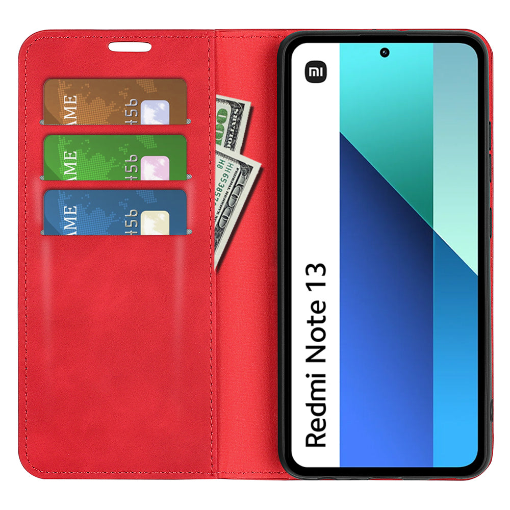 For Xiaomi Redmi Note 13 4G Leather Case Wallet Skin-touch Phone Cover - Red