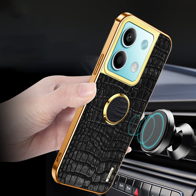 For Xiaomi Redmi Note 13 5G (Global) Cell Phone Case 6D Electroplating Ring Kickstand Leather+TPU Cover - Black