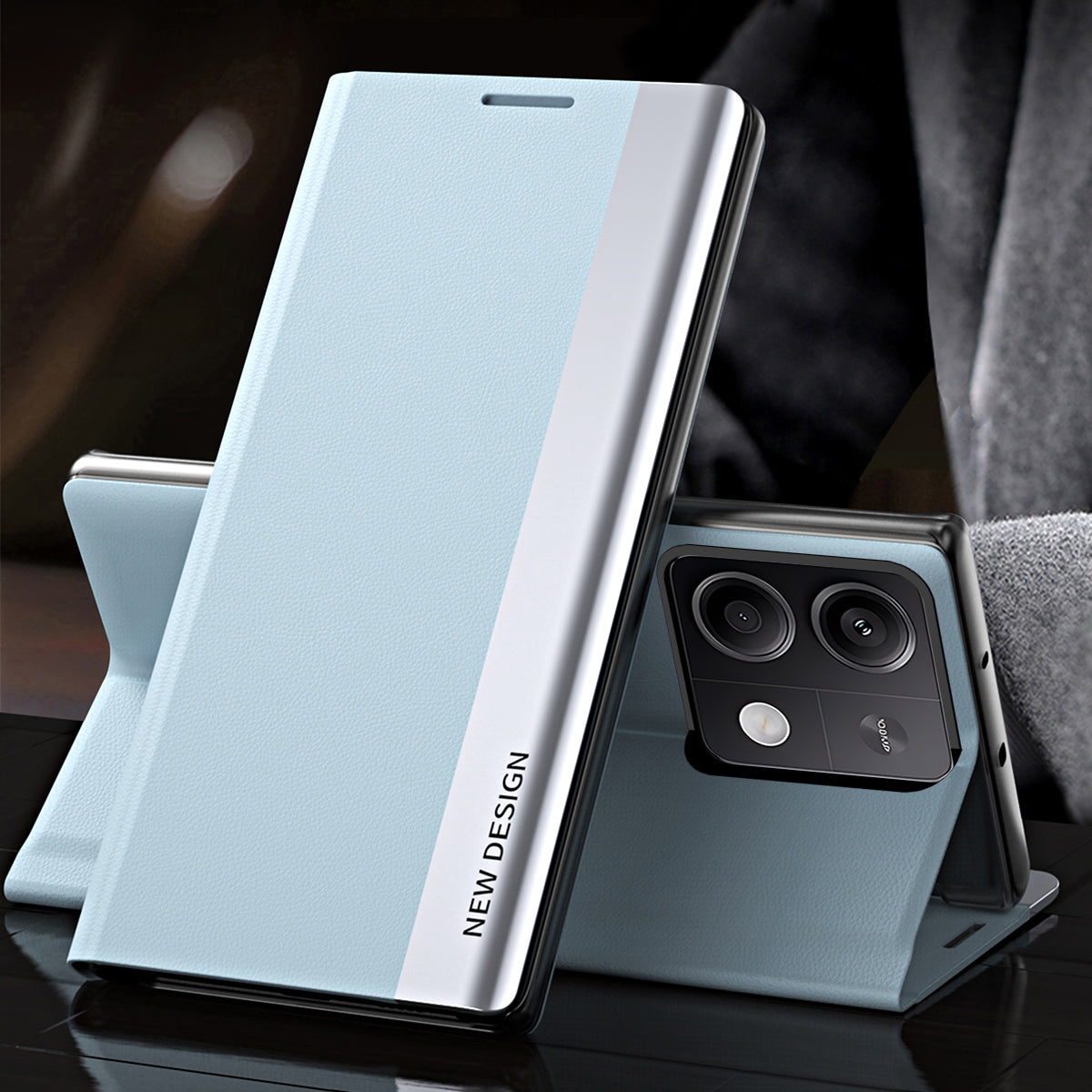 For Xiaomi Redmi Note 13 Pro 5G / Poco X6 5G Stand Case Drop-proof PC+Leather Phone Guard Cover - Sky Blue